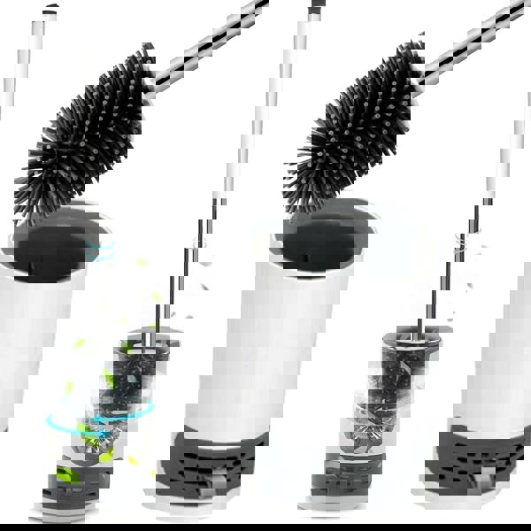 Nicoman Round White Toilet Brush & Holder With Silicone Head and Dry Pad