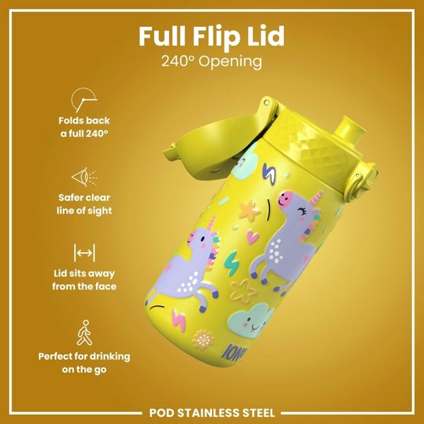 ION8 Leak Proof Kids Water Bottle, Stainless Steel, Yellow Unicorns, 400ml (13oz)
