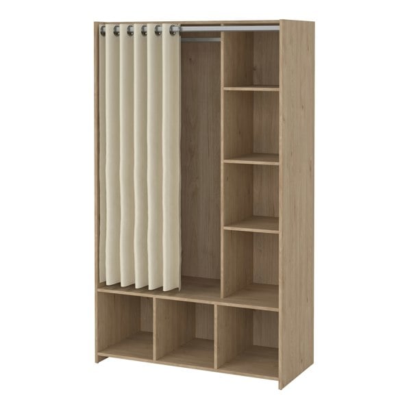 Furniture To Go Uppsala Open Mobile Wardrobe Unit in Jackson Hickory Oak with a Beige Textile Curtain