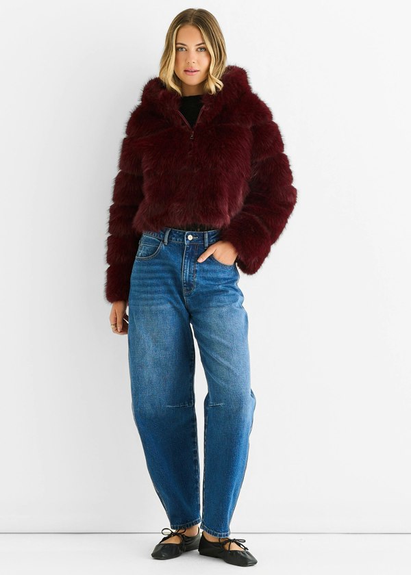 Gini London Burgundy Panel Faux Fur Zip Front Hooded Jacket