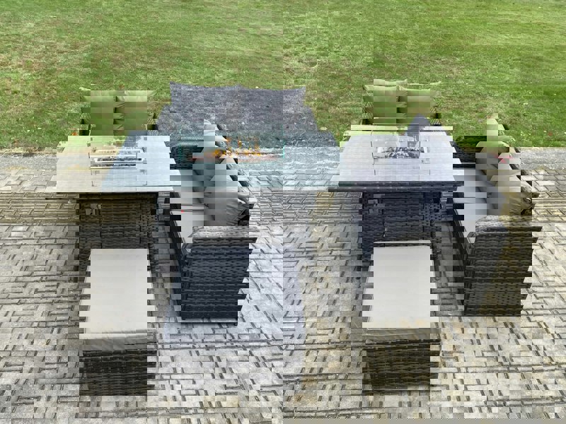 Fimous Rattan Garden Furniture Set with Gas Fire Pit Table Footstool 4 Pieces Outdoor Loveseat Sofa Set Dark Grey Mixed