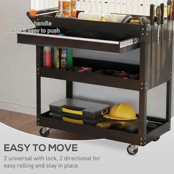 Bobobiy 3-Tier Tool Trolley Cart Storage Shelf Roller Cabinet DIY Box Garage Workshop with Drawer Black