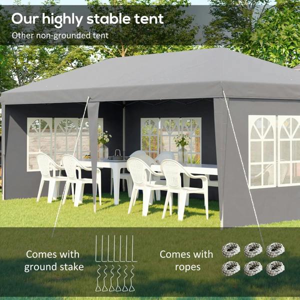 Grey pop-up gazebo with removable walls and white window panels; outdoor dining inside