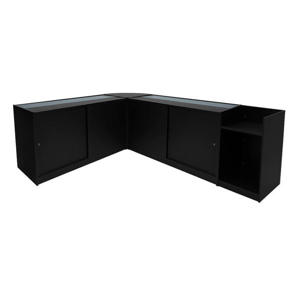 Astro LED Shop Counter Set in sleek black, featuring a modern L-shape design with glass tops and storage compartments for organization