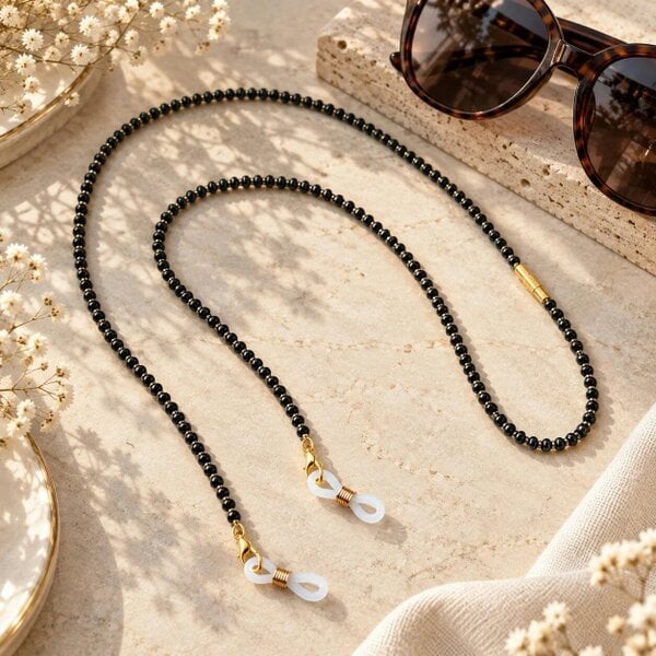 The Colourful Aura Black & Gold Beaded 65 cm Glass Chain Lanyard Holder