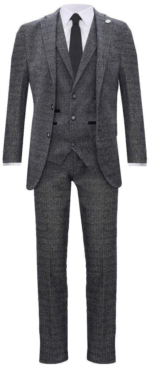 TruClothing Men's 3 Piece Grey Herringbone Tweed Suit