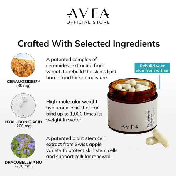 AVEA Skinspan (30 Capsules) - Skin Health with PhytoCellTec, Hyaluronic Acid, Ceramosides™ & Niacinamide - Reduces Fine Lines & Wrinkles - 100% Vegan
