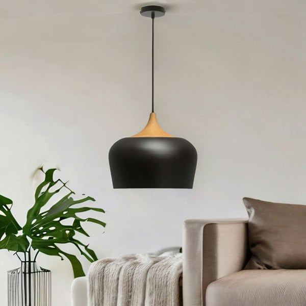 Rafaelo Mobilia Industrial Metal Wooden Effect Ceiling Light Pendant Shade Black