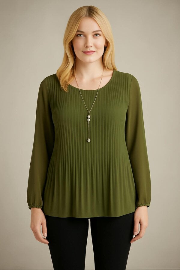 Hoxton Gal Oversized Long Sleeves Pleated Top with Tulle Details in Khaki with Necklace