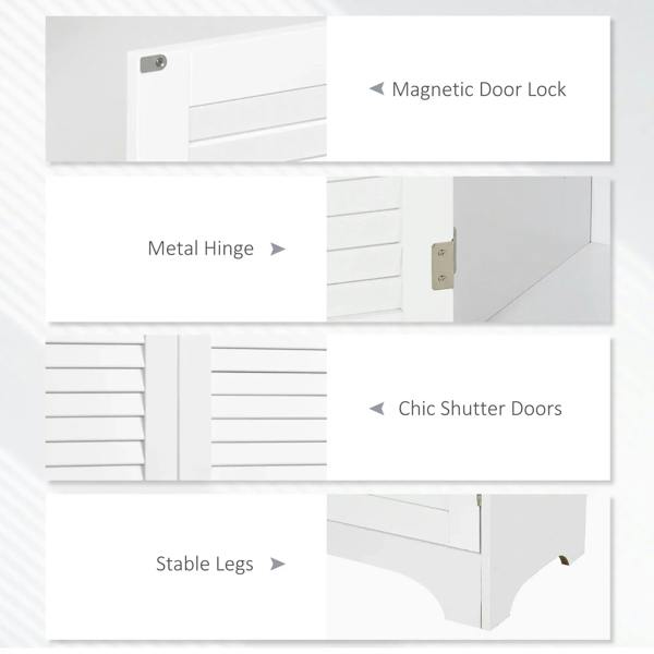 White cabinet hardware with metal hinges, magnetic door lock, and stable legs