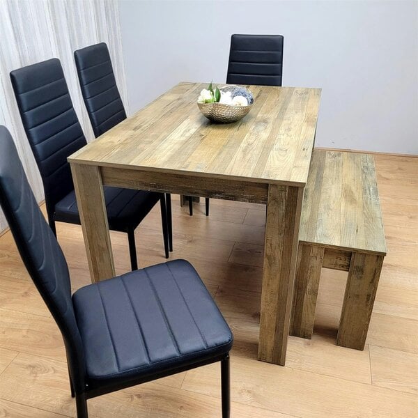 Kosy Koala Wooden Dining Table Set for 6 Rustic Effect Table With 4 Black Leather Chairs and 1 Bench