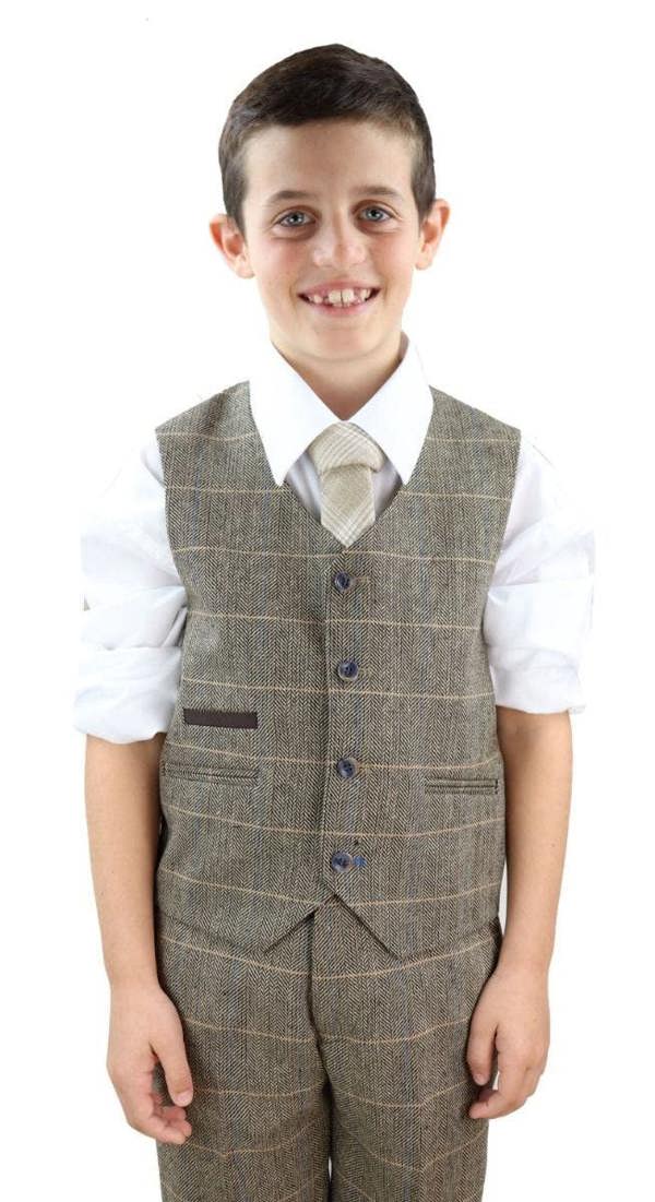 House of Cavani Boys 3 Piece Tan Brown Herringbone Tweed Check Classic  Suit