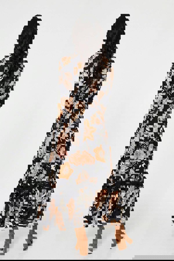 Black | Leaf Print Long Sleeve Maxi Dress
