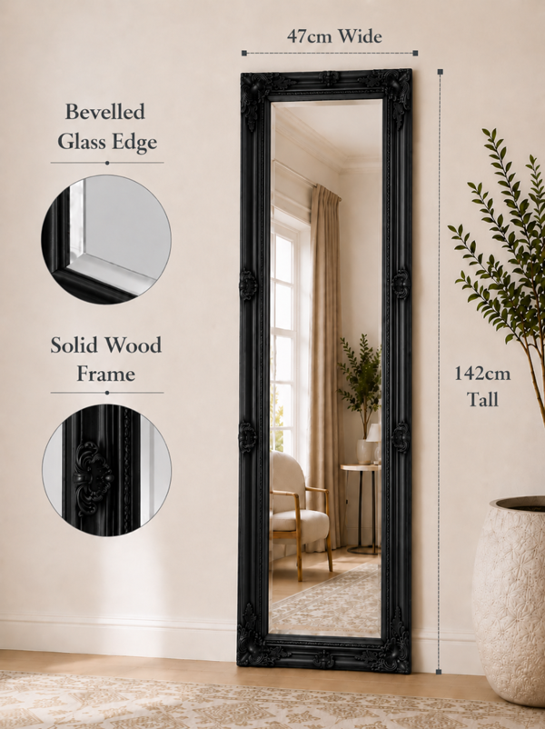 Downton Interiors Antique Style Black Tall Ornate Dressing Wall Mirror with Bevelled Glass 142cm