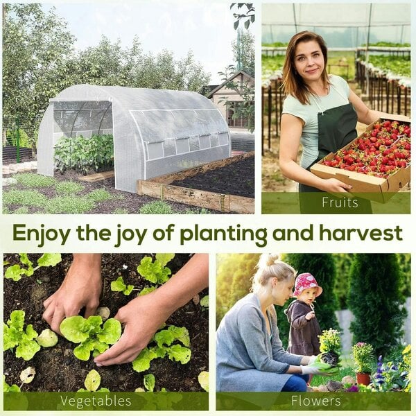 Bobobiy 4 x 3 x 2 m Polytunnel Greenhouse with Roll-up Side Walls, Walk-in Grow House Tent with Steel Frame, Zipped Door and 12 Mesh Windows, White