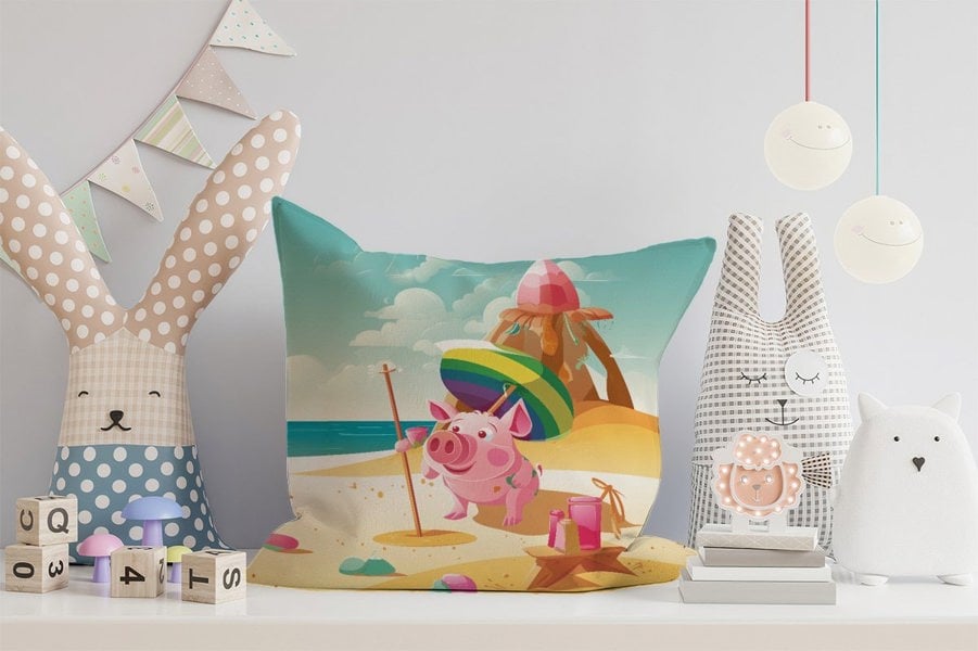 Warren Reed Piglet On A Beach Holiday Cushions