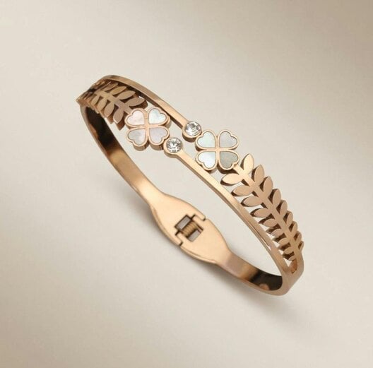 The Colourful Aura Rose Gold Clover Leaf Brass Kada with CZ Stones