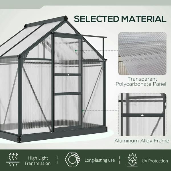 Grey aluminum greenhouse with clear polycarbonate panels and arched roof frame