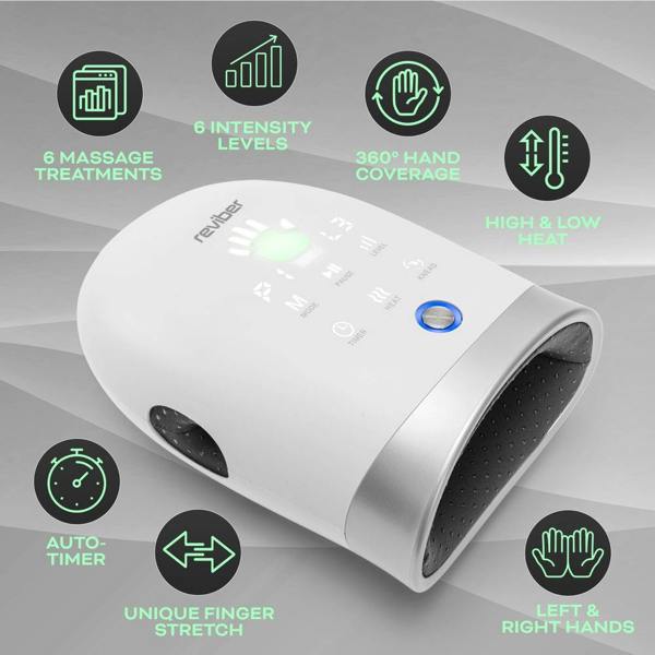 The Reviber Hand Spa Massager with Heat & Finger Stretch by Reviber features easy-to-use control buttons and is surrounded by icons highlighting its advanced functions: 6 massage treatments including soothing shiatsu, 6 adjustable intensity levels, 360° hand coverage with gentle air compression, optional high and low heat settings, an auto-timer, a specialized finger stretcher, and suitability for both left and right hand use.