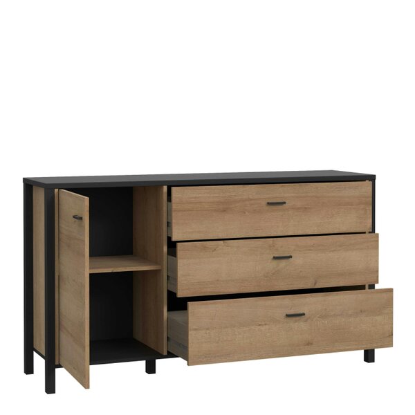 Wyld Haus Egtved Black and Natural Oak Wood Effect 1 Door 3 Drawer Sideboard