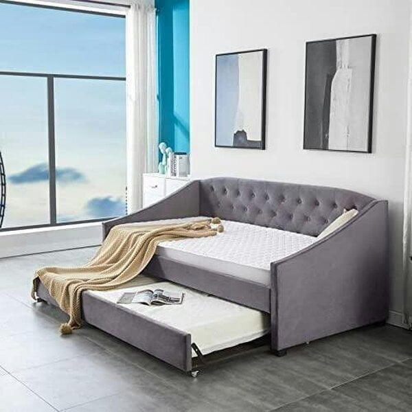 Kosy Koala Daybed with Trundle Grey 3ft Single Velvet Tufted Wooden Bedroom