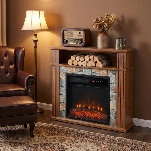 HOMCOM Freestanding Electric Fireplace Suite, 1800W, Open Shelf, LED Flame