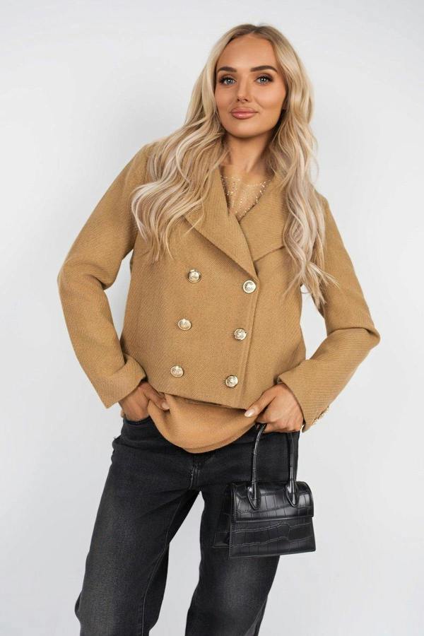 Leona Cropped Double Breasted Jacket With Luxe Button Detail - Camel