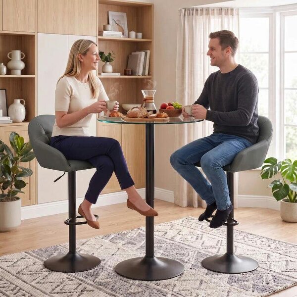 Bar Stools Adjustable Heights Breakfast Bar Stools Backrest Armrests Set of 2 with Rubber Ring Metal Base, Grey