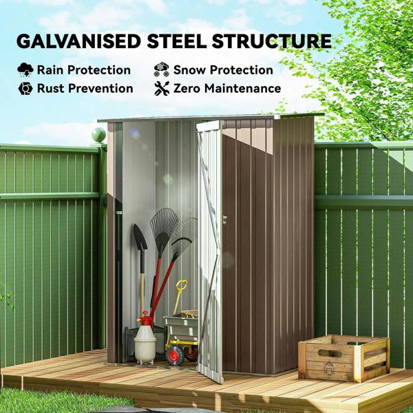 Brown metal garden storage shed with sloped roof, double-wall look, front door