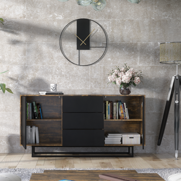 Mex Furniture Bold 160cm Industrial Loft TV Unit Cabinet Vintage Oak Cupboard