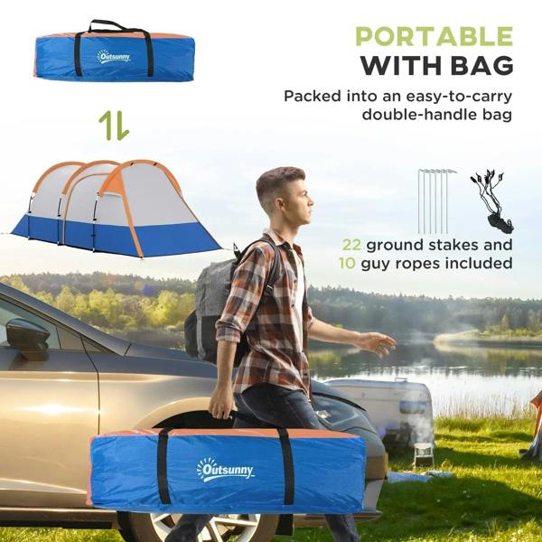 Portable tunnel tent with orange frame and blue carrying bag