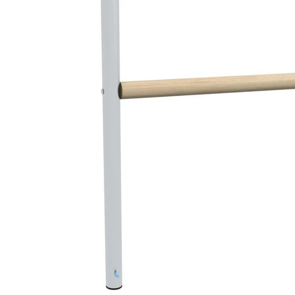 Chicken roosting bar ladder post with natural wood perch rail, light gray metal frame.