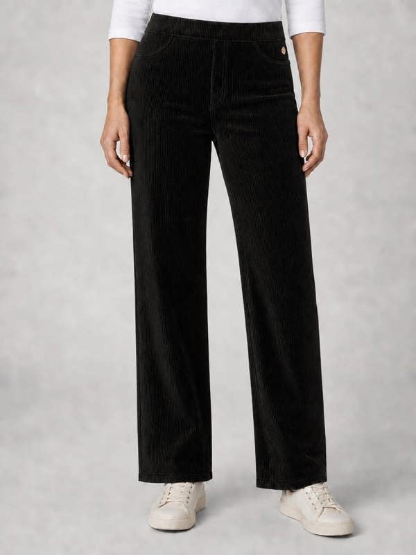 PennyPlain Wide Leg Rib Velour Trousers - Black
