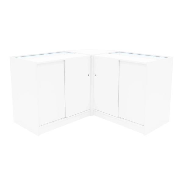 White Helios LED shop counter set with two K900 display units, featuring sleek lines, smooth surfaces, and glass tops for visibility