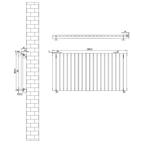 Oval single column radiator in white, 600 x 1200mm, featuring a sleek design with rounded edges and detailed dimensions for installation