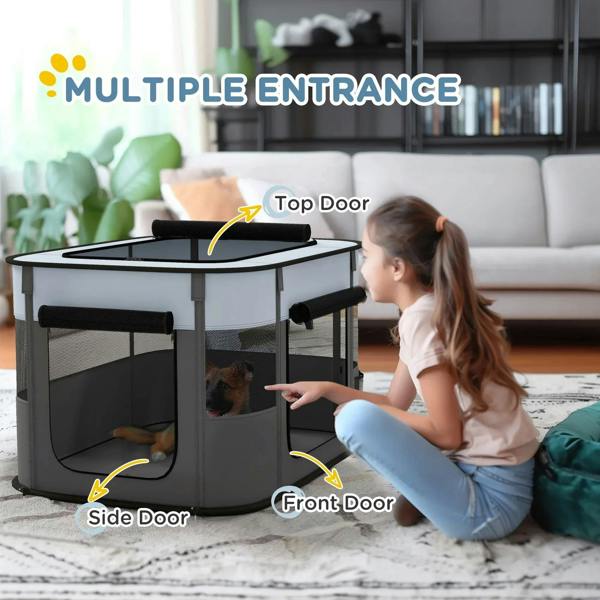 Grey portable dog playpen with front and side doors, mesh walls and carry handles