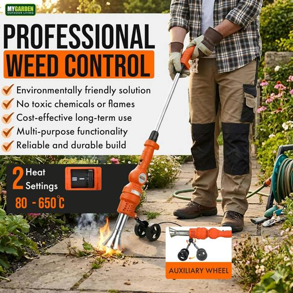 My Garden Outdoor Living My Garden Electric Weed Burner 2000W - Dual Heat Weed Remover with Folding Wheels, 2 Nozzles, Detachable Handle & UK Plug
