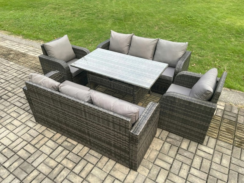 Fimous 8 Seater Lounge Rattan Sofa Set Outdoor Garden Furniture Oblong Rectangular Dining Table With Adjustable Chair 3 Seater Sofa Dark Grey Mixed