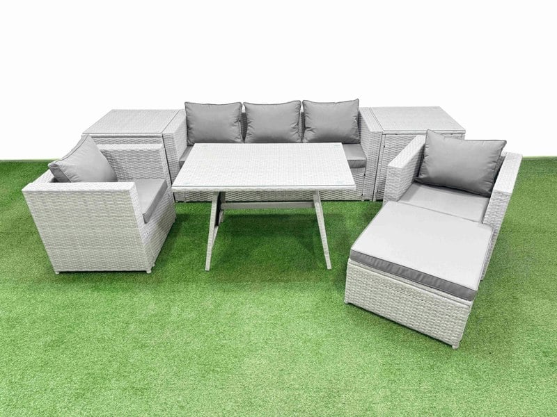 Fimous 8 Pieces Outdoor PE Rattan Sofa Armchair Set Patio Garden Furniture Sets with Cushions 2 Side Tables Big Stool Light Grey