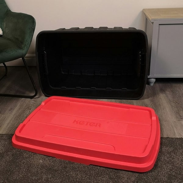 Samuel Alexander 140L Black and Red Tuff Stackable Storage Box with Lid and Carry Handles