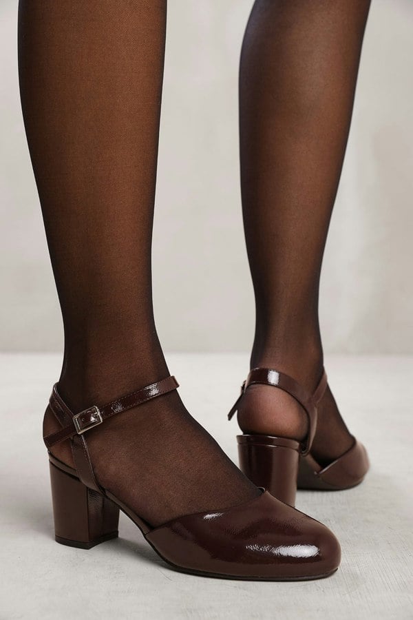 Where's That From Guelder Round Toe Mid Block Heel With Strap in Oxblood Patent