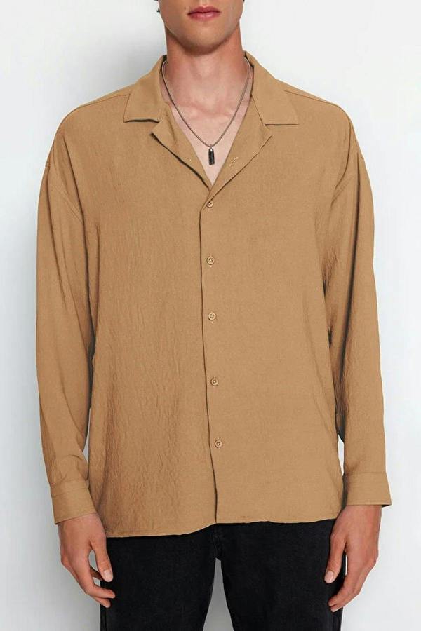 WOVCOR Oversize Fit Open Collar Linen Look Men’s Shirt