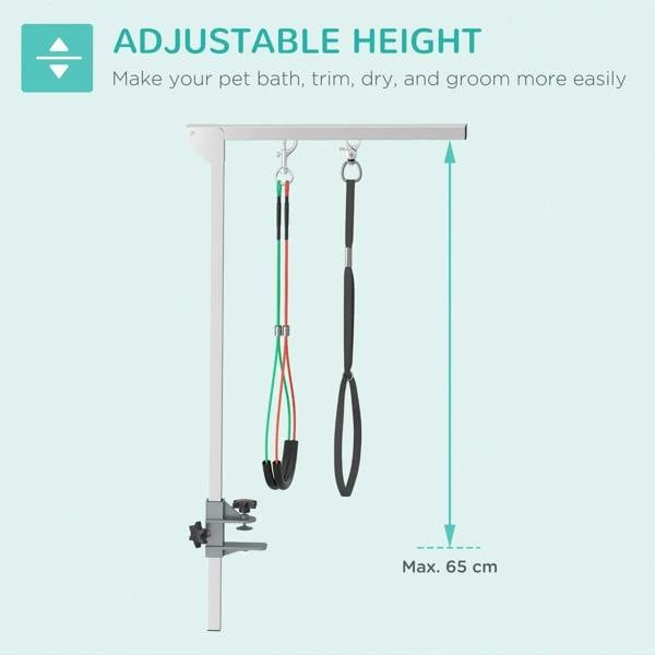Adjustable height pet grooming arm with clamp and hanging loops, max height marking