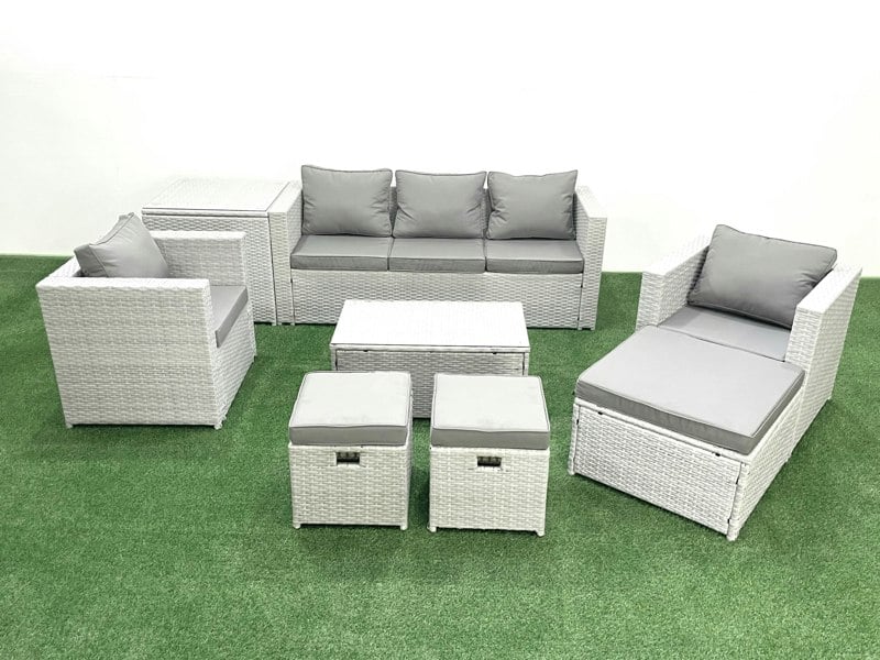Fimous Rattan Garden Outdoor Furniture Sofa Set with Rectangular Coffee Table 2 Chairs 3 Footstools Side Table Light Grey Mixed