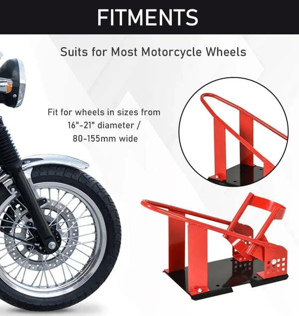 Red metal motorcycle wheel chock with black base and perforated side plate holes