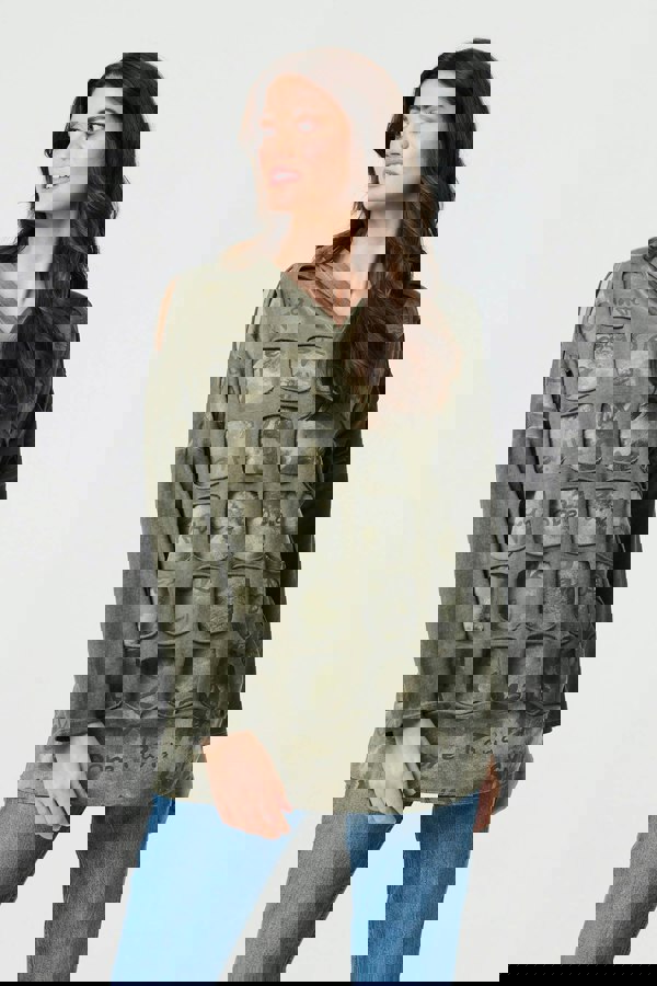 Khaki | Graphic Print Cut Out Layer Hoodie
