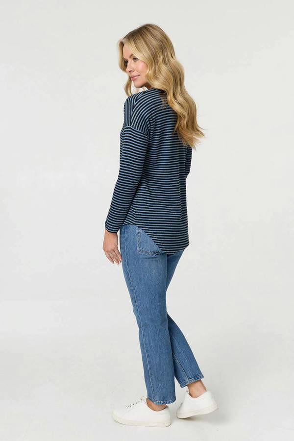 Blue | Striped Sequin Detail Long Sleeve Top
