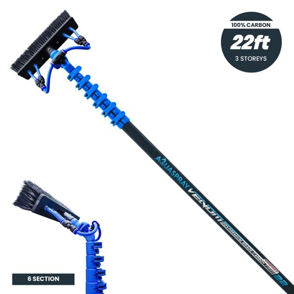 Aquaspray® Venom 22ft [Compact] 100% Carbon Fibre Waterfed Window Cleaning Pole 6-Section
