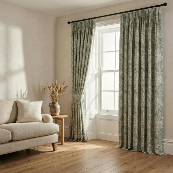 Royan made-to-measure curtains in Seafoam, styled in a living room