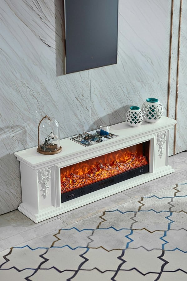 Living and Home Natural Resin Carved Craftsman TV Stand Electric Fireplace Adjustable Flame with Remote - Off White
